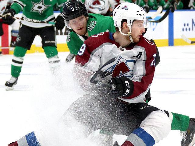 EDMONTON, ALBERTA - SEPTEMBER 02: John Klingberg #3 of the Dallas Stars and Nathan MacKinnon #29 of the Colorado Avalanche collide during the second period of Game Six of the Western Conference Second Round during the 2020 NHL Stanley Cup Playoffs at Rogers Place on September 02, 2020 in Edmonton, Alberta.