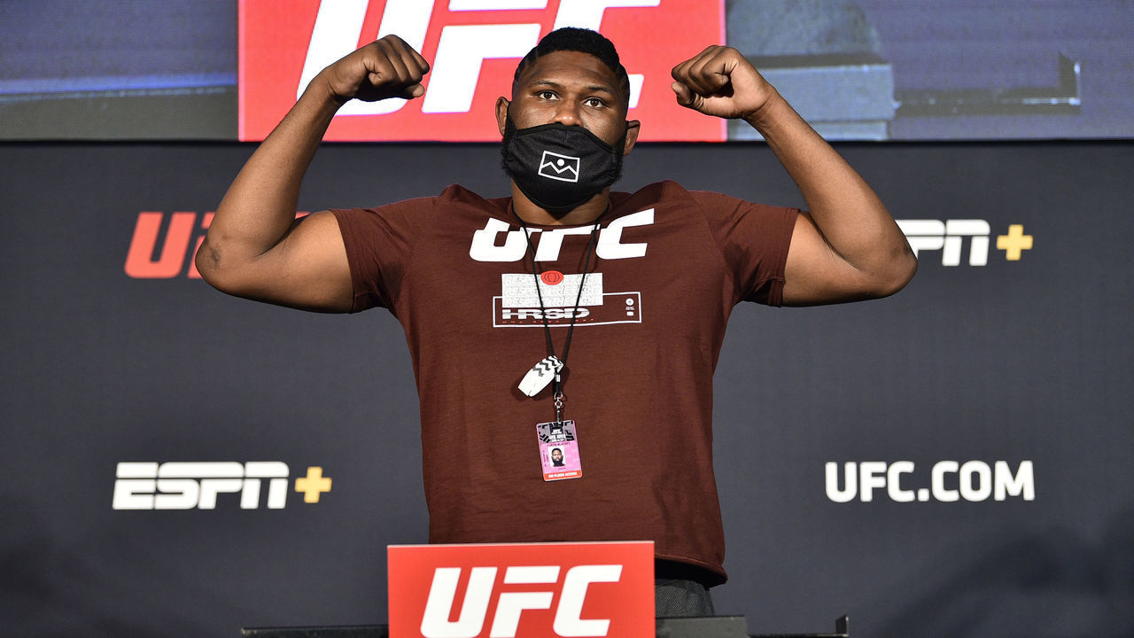 LAS VEGAS, NEVADA - JUNE 19: In this handout image provided by UFC, Curtis Blaydes poses on the scale during the UFC weigh-in at UFC APEX on June 19, 2020 in Las Vegas, Nevada.