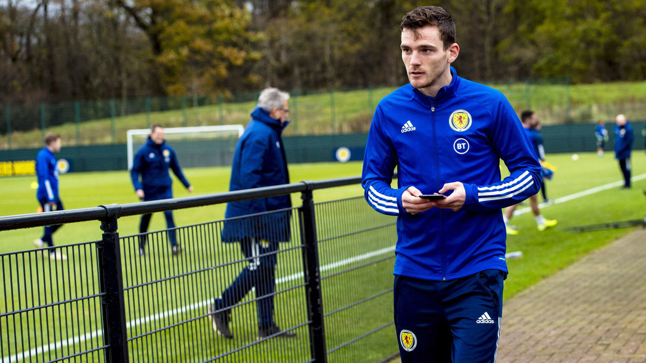 EDINBURGH, SCOTLAND - NOVEMBER 12: Scotlands Andy Robertson during a training session at The Oriam on November 12, 2019, in Edinburgh, Scotland.