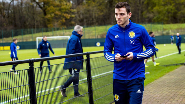 EDINBURGH, SCOTLAND - NOVEMBER 12: Scotlands Andy Robertson during a training session at The Oriam on November 12, 2019, in Edinburgh, Scotland.