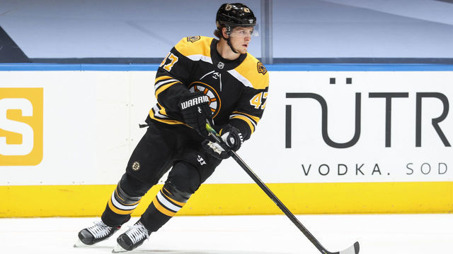 TORONTO, ONTARIO - AUGUST 02: Torey Krug #47 of the Boston Bruins plays the puck against the Philadelphia Flyers during the first period in a Round Robin game during the 2020 NHL Stanley Cup Playoff at Scotiabank Arena on August 02, 2020 in Toronto, Ontario.