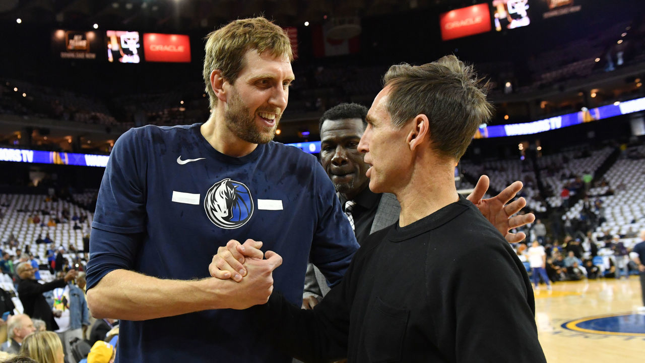 OAKLAND, CA - MARCH 23: Dirk Nowitzki #41 of the Dallas Mavericks and NBA Legend, Steve Nash shake hands prior to a game between the Dallas Mavericks and the Golden State Warriors on March 22, 2019 at ORACLE Arena in Oakland, California. NOTE TO USER: User expressly acknowledges and agrees that, by downloading and or using this photograph, user is consenting to the terms and conditions of Getty Images License Agreement. Mandatory Copyright Notice: Copyright 2019 NBAE