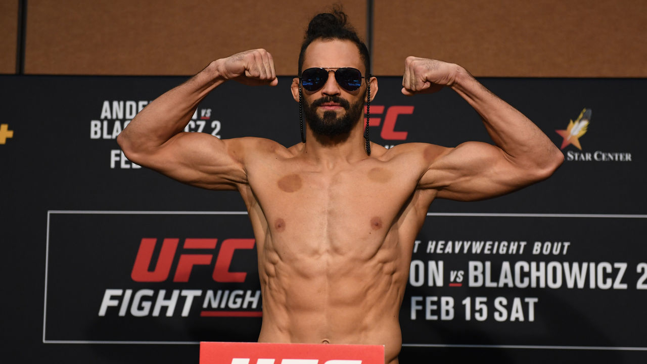 ALBUQUERQUE, NEW MEXICO - FEBRUARY 14: Michel Pereira poses on the scale during the official UFC weigh-in at the Albuquerque Marriott Pyramid North on February 14, 2020 in Albuquerque, New Mexico.