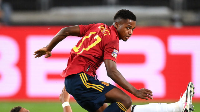 STUTTGART, GERMANY - SEPTEMBER 03: Ansu Fati of Spain battles for possession with Thilo Kehrer of Germany during the UEFA Nations League group stage match between Germany and Spain at Mercedes-Benz Arena on September 03, 2020 in Stuttgart, Germany.