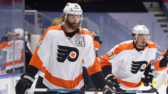 TORONTO, ONTARIO - AUGUST 29: Sean Couturier #14 of the Philadelphia Flyers warms up before Game Three of the Eastern Conference Second Round of the 2020 NHL Stanley Cup Playoff between the Philadelphia Flyers and the New York Islanders at Scotiabank Arena on August 29, 2020 in Toronto, Ontario.