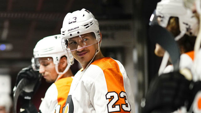 TORONTO, ONTARIO - AUGUST 30: Oskar Lindblom #23 of the Philadelphia Flyers smiles with teammates in the hallway before his team plays against the New York Islanders in Game Four of the Eastern Conference Second Round during the 2020 NHL Stanley Cup Playoffs at Scotiabank Arena on August 30, 2020 in Toronto, Ontario.