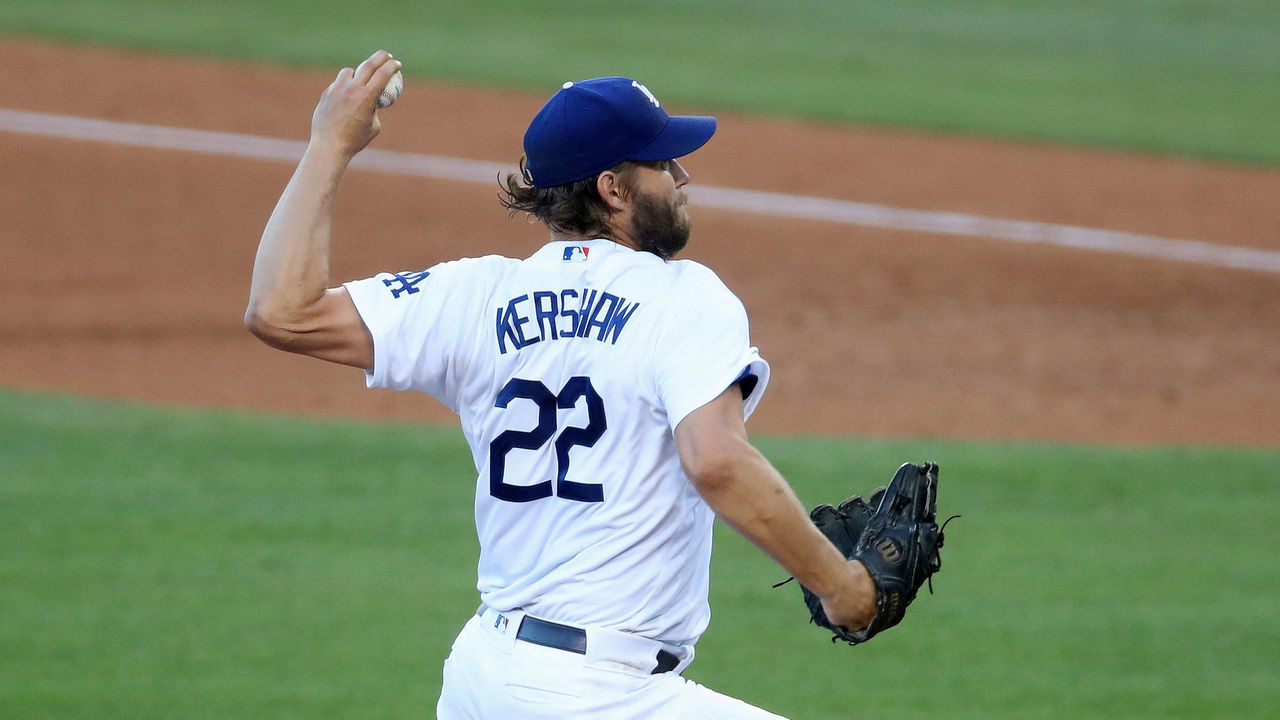 LOS ANGELES, CA - AUGUST 8: Clayton Kershaw #22 of the Los Angeles Dodgers pitches during the game against the San Francisco Giants at Dodger Stadium on August 8, 2020 in Los Angeles, California. The Giants defeated the Dodgers 5-4.