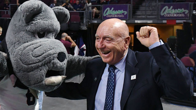 LAS VEGAS, NEVADA - MARCH 10: Sportscaster Dick Vitale dances with the Gonzaga Bulldogs mascot Spike the Bulldog before the Bulldogs' game against the Saint Mary's Gaels in the championship game of the West Coast Conference basketball tournament at the Orleans Arena on March 10, 2020 in Las Vegas, Nevada. The Bulldogs defeated the Gaels 84-66.