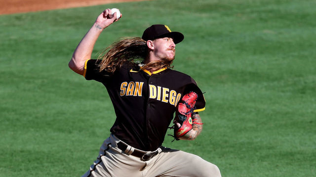 ANAHEIM, CA - SEPTEMBER 03: Mike Clevinger #52 of the San Diego Padres pitches in the first inning of the game against the Los Angeles Angels at Angel Stadium of Anaheim on September 3, 2020 in Anaheim, California.