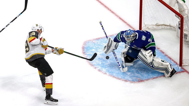 EDMONTON, ALBERTA - SEPTEMBER 03: Reilly Smith #19 of the Vegas Golden Knights attempts a shot on Thatcher Demko #35 of the Vancouver Canucks during the first period in Game Six of the Western Conference Second Round during the 2020 NHL Stanley Cup Playoffs at Rogers Place on September 03, 2020 in Edmonton, Alberta, Canada.