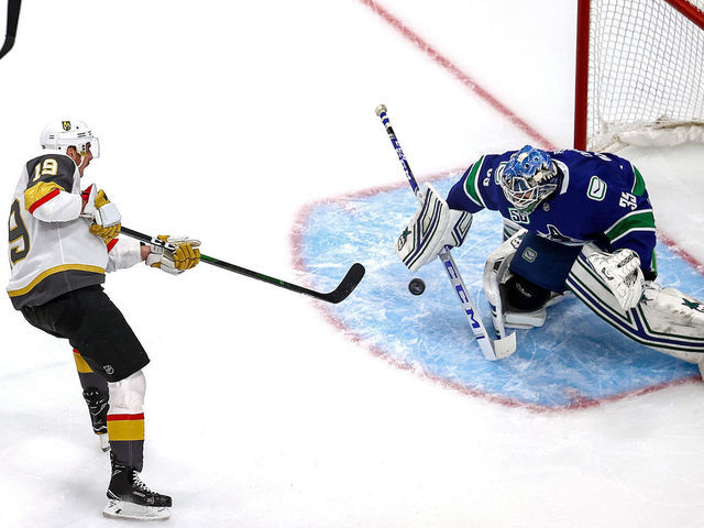 EDMONTON, ALBERTA - SEPTEMBER 03: Reilly Smith #19 of the Vegas Golden Knights attempts a shot on Thatcher Demko #35 of the Vancouver Canucks during the first period in Game Six of the Western Conference Second Round during the 2020 NHL Stanley Cup Playoffs at Rogers Place on September 03, 2020 in Edmonton, Alberta, Canada.