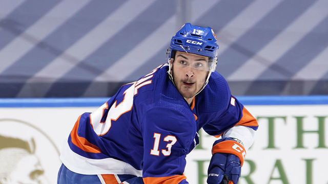TORONTO, ONTARIO - AUGUST 29: Mathew Barzal #13 of the New York Islanders looks to make a play in the first period of Game Three of the Eastern Conference Second Round of the 2020 NHL Stanley Cup Playoff between the Philadelphia Flyers and the New York Islanders at Scotiabank Arena on August 29, 2020 in Toronto, Ontario.