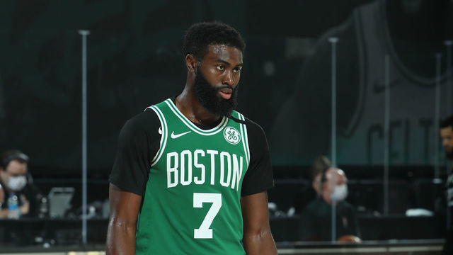 Orlando, FL - SEPTEMBER 3: Jaylen Brown #7 of the Boston Celtics looks on during the game against the Toronto Raptors during Game Three of the Eastern Conference Semifinals on September 3, 2020 in Orlando, Florida at The Field House. NOTE TO USER: User expressly acknowledges and agrees that, by downloading and/or using this Photograph, user is consenting to the terms and conditions of the Getty Images License Agreement. Mandatory Copyright Notice: Copyright 2020 NBAE