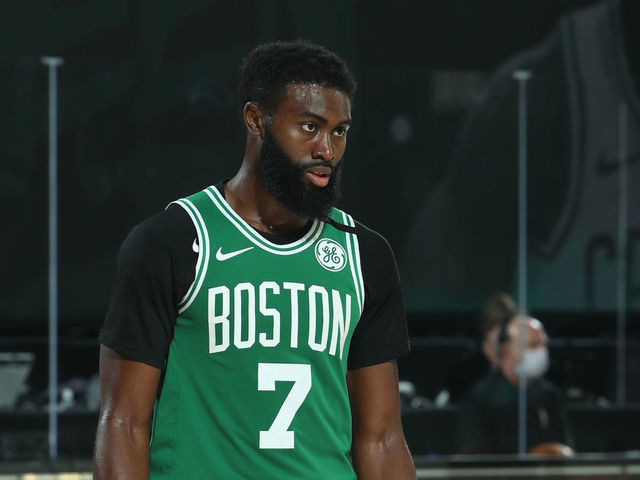 Orlando, FL - SEPTEMBER 3: Jaylen Brown #7 of the Boston Celtics looks on during the game against the Toronto Raptors during Game Three of the Eastern Conference Semifinals on September 3, 2020 in Orlando, Florida at The Field House. NOTE TO USER: User expressly acknowledges and agrees that, by downloading and/or using this Photograph, user is consenting to the terms and conditions of the Getty Images License Agreement. Mandatory Copyright Notice: Copyright 2020 NBAE