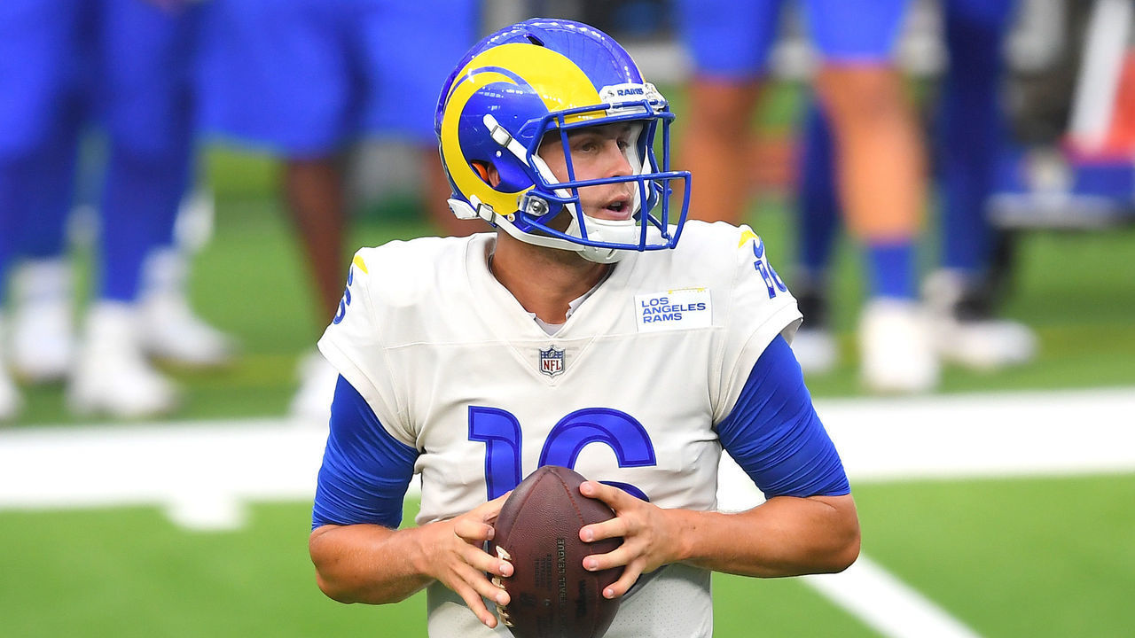INGLEWOOD, CA - AUGUST 22: Quarterback Jared Goff #16 of the Los Angeles Rams looks to throw a pass during the team scrimmage on August 22, 2020 at SoFi Stadium in Inglewood, California.