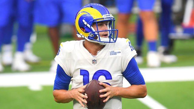 INGLEWOOD, CA - AUGUST 22: Quarterback Jared Goff #16 of the Los Angeles Rams looks to throw a pass during the team scrimmage on August 22, 2020 at SoFi Stadium in Inglewood, California.