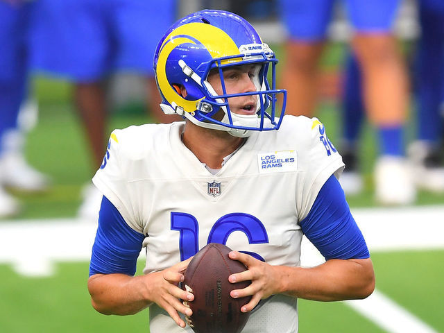 INGLEWOOD, CA - AUGUST 22: Quarterback Jared Goff #16 of the Los Angeles Rams looks to throw a pass during the team scrimmage on August 22, 2020 at SoFi Stadium in Inglewood, California.