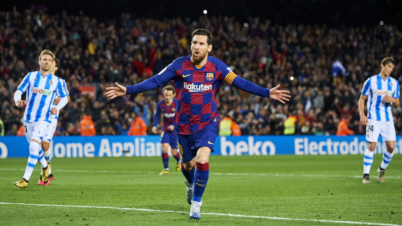 BARCELONA, SPAIN - MARCH 07: Lionel Messi of FC Barcelona celebrates scoring his team's goal during the Liga match between FC Barcelona and Real Sociedad at Camp Nou on March 07, 2020 in Barcelona, Spain.