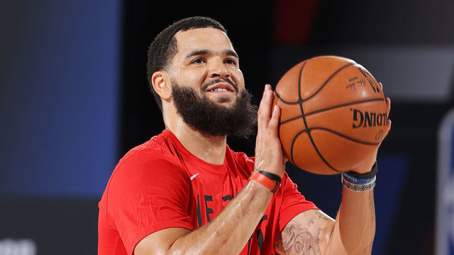 Orlando, FL - AUGUST 21: Fred VanVleet #23 of the Toronto Raptors warms up before the game against the Brooklyn Nets during Round One, Game Three of the NBA Playoffs on August 21, 2020 at The Field House at ESPN Wide World Of Sports Complex in Orlando, Florida. NOTE TO USER: User expressly acknowledges and agrees that, by downloading and/or using this Photograph, user is consenting to the terms and conditions of the Getty Images License Agreement. Mandatory Copyright Notice: Copyright 2020 NBAE