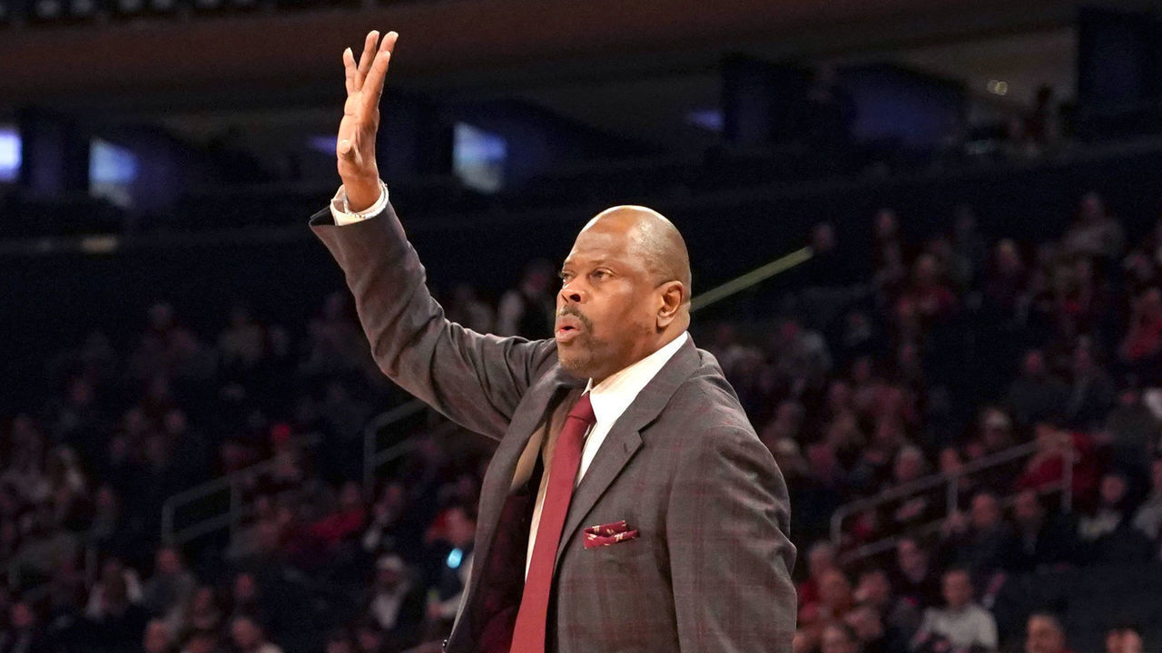 NEW YORK , NY - MARCH 11: Head coach Patrick Ewing of the Georgetown Hoyas signals to his players during the Big East Conference Men's Basketball Tournament First Round game against the St. John's Red Storm at Madison Square Garden on March 11, 2020 in New York City.