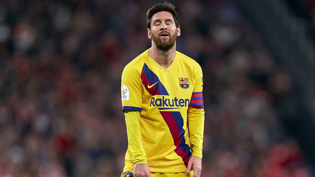 BILBAO, SPAIN - FEBRUARY 06: Lionel Messi of FC Barcelona reacts during the Copa del Rey Quarter Final match between Athletic Bilbao and FC Barcelona at Estadio de San Mames on February 06, 2020 in Bilbao, Spain.