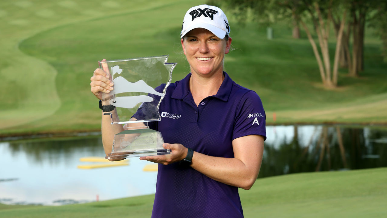 ROGERS, ARKANSAS - AUGUST 30: Austin Ernst holds the trophy after winning the Walmart NW Arkansas Championship at Pinnacle County Club on August 30, 2020 in Rogers, Arkansas.