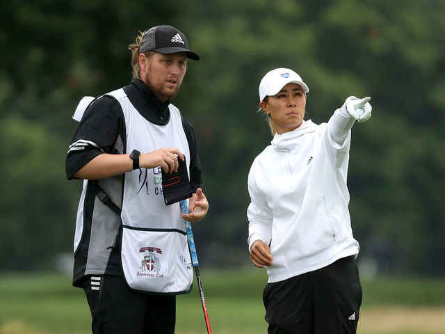 TOLEDO, OHIO - AUGUST 02: Danielle Kang prepares for her shot from the sixth tee with her caddie, Oliver Brett, during the final round of the LPGA Drive On Championship at Inverness Club on August 2, 2020 in Toledo, Ohio.