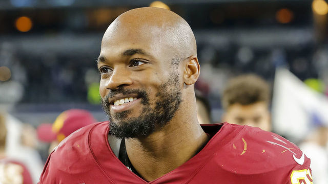 ARLINGTON, TX - DECEMBER 29: Washington Redskins running back Adrian Peterson (26) smiles after the game between the Dallas Cowboys and the Washington Redskins on December 29, 2019 at AT&T Stadium in Arlington, Texas.