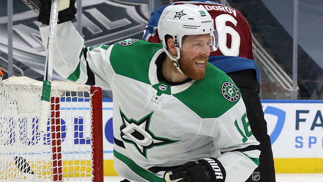 EDMONTON, ALBERTA - SEPTEMBER 04: Joe Pavelski #16 of the Dallas Stars reacts after teammate Alexander Radulov #47 scored in the first period of Game Seven of the Western Conference Second Round of the 2020 NHL Stanley Cup Playoff between the Dallas Stars and the Colorado Avalanche at Rogers Place on September 04, 2020 in Edmonton, Alberta.
