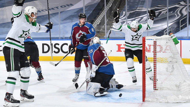 EDMONTON, ALBERTA - SEPTEMBER 04: Roope Hintz #24 and Tyler Seguin #91 of the Dallas Stars react after teammate Joel Kiviranta #25 scored goaltender against Michael Hutchinson #35 of the Colorado Avalanche as Cale Makar #8 of the Colorado Avalanche looks on in the second period of Game Seven of the Western Conference Second Round of the 2020 NHL Stanley Cup Playoff between the Dallas Stars and the Colorado Avalanche at Rogers Place on September 04, 2020 in Edmonton, Alberta.