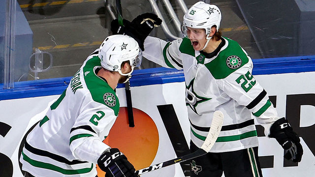 EDMONTON, ALBERTA - SEPTEMBER 04: Joel Kiviranta #25 of the Dallas Stars is congratulated by his teammate, Jamie Oleksiak #2 after scoring the game-winning goal against the Colorado Avalanche during the first overtime period to win Game Seven of the Western Conference Second Round during the 2020 NHL Stanley Cup Playoffs at Rogers Place on September 04, 2020 in Edmonton, Alberta, Canada.