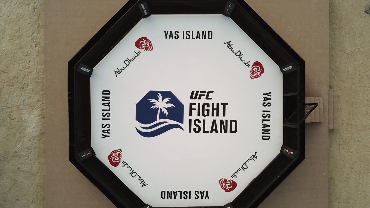 ABU DHABI, UNITED ARAB EMIRATES - JULY 09: A drone view of the Octagon at Yas Beach ahead of the UFC Fight Island series of events on July 09, 2020 in Abu Dhabi, United Arab Emirates.