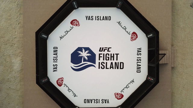 ABU DHABI, UNITED ARAB EMIRATES - JULY 09: A drone view of the Octagon at Yas Beach ahead of the UFC Fight Island series of events on July 09, 2020 in Abu Dhabi, United Arab Emirates.