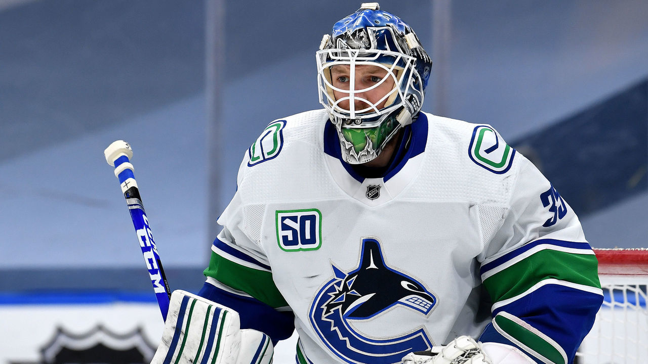 EDMONTON, ALBERTA - SEPTEMBER 04: Goaltender Thatcher Demko #35 of the Vancouver Canucks defends the net against the Vegas Golden Knights in Game Seven of the Western Conference Second Round of the 2020 NHL Stanley Cup Playoffs at Rogers Place on September 04, 2020 in Edmonton, Alberta.