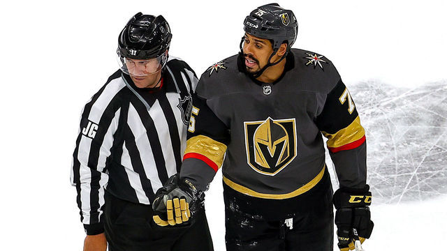 EDMONTON, ALBERTA - SEPTEMBER 04: Ryan Reaves #75 of the Vegas Golden Knights argues after being called for a game misconduct penalty after hitting Tyler Motte (not pictured) of the Vancouver Canucks during the second period in Game Seven of the Western Conference Second Round during the 2020 NHL Stanley Cup Playoffs at Rogers Place on September 04, 2020 in Edmonton, Alberta, Canada.