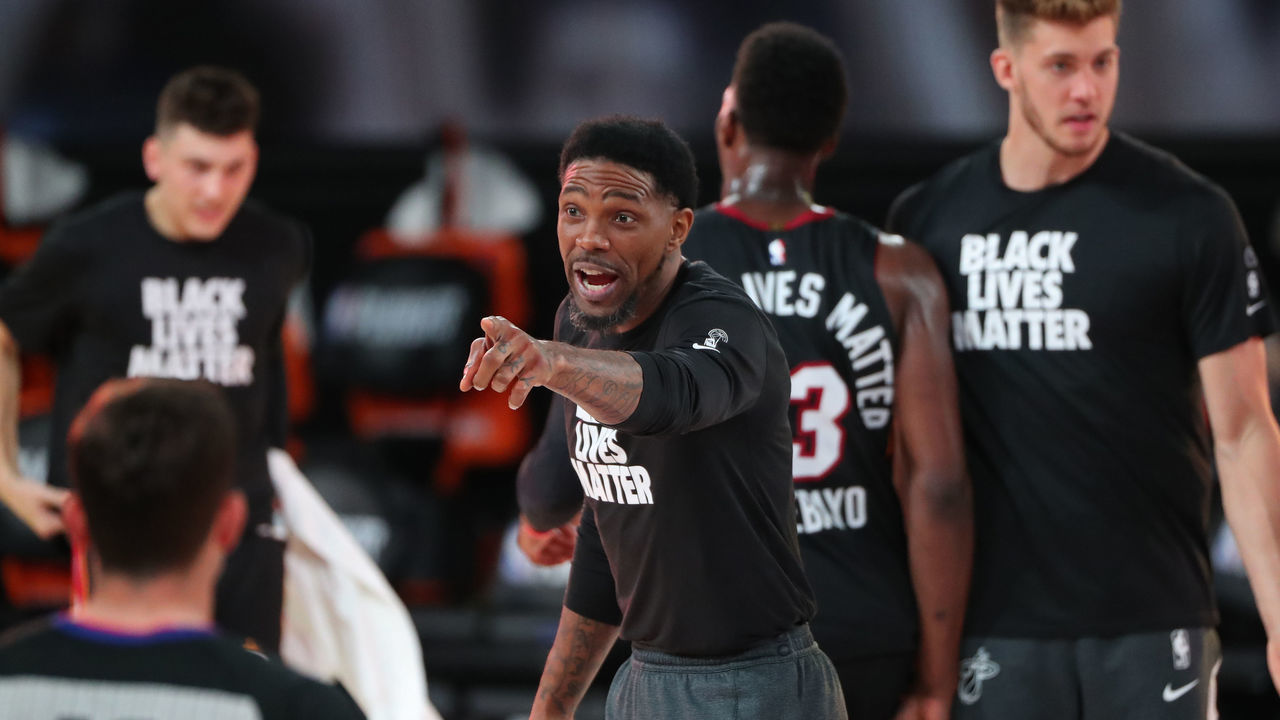 ORLANDO, FL - AUGUST 22: Udonis Haslem #40 of the Miami Heat signals to a teammate during the game against the Indiana Pacers during Round One, Game Three of the NBA Playoffs on August 22, 2020 at the AdventHealth Arena at ESPN Wide World of Sports in Orlando, Florida. NOTE TO USER: User expressly acknowledges and agrees that, by downloading and/or using this Photograph, user is consenting to the terms and conditions of the Getty Images License Agreement. Mandatory Copyright Notice: Copyright 2020 NBAE