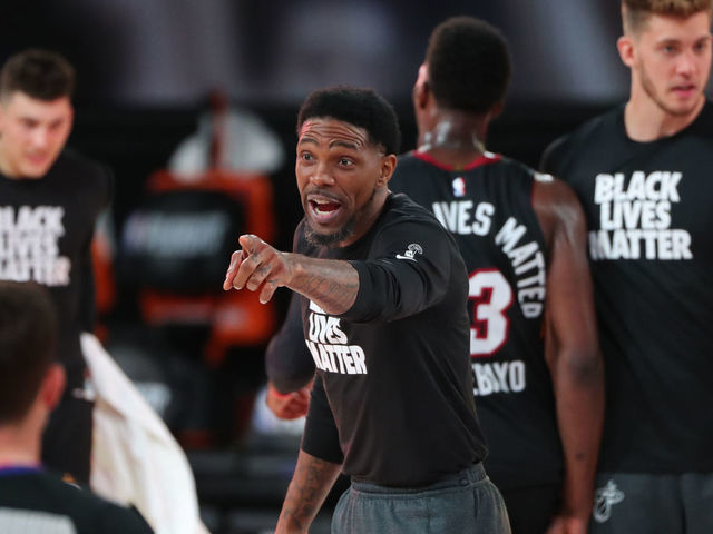 ORLANDO, FL - AUGUST 22: Udonis Haslem #40 of the Miami Heat signals to a teammate during the game against the Indiana Pacers during Round One, Game Three of the NBA Playoffs on August 22, 2020 at the AdventHealth Arena at ESPN Wide World of Sports in Orlando, Florida. NOTE TO USER: User expressly acknowledges and agrees that, by downloading and/or using this Photograph, user is consenting to the terms and conditions of the Getty Images License Agreement. Mandatory Copyright Notice: Copyright 2020 NBAE