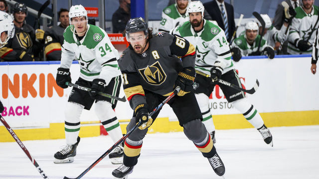 EDMONTON, ALBERTA - AUGUST 03: Mark Stone #61 of the Vegas Golden Knights plays the puck against the Dallas Stars during the second period of a Round Robin game during the 2020 NHL Stanley Cup Playoff at Rogers Place on August 03, 2020 in Edmonton, Alberta.
