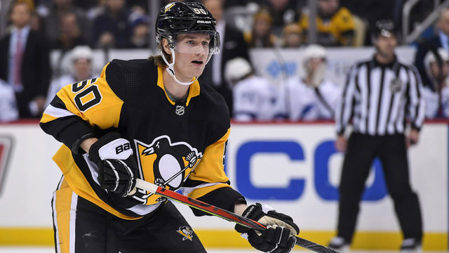 PITTSBURGH, PA - FEBRUARY 11: Pittsburgh Penguins Defenseman Juuso Riikola (50) skates during the first period in the NHL game between the Pittsburgh Penguins and the Tampa Bay Lightning on February 11, 2020, at PPG Paints Arena in Pittsburgh, PA.