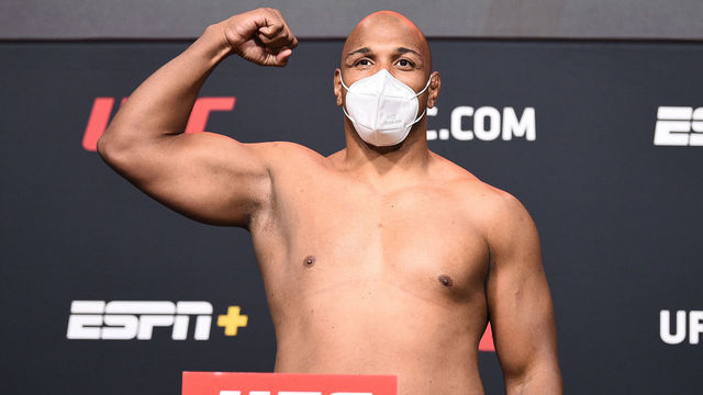 LAS VEGAS, NEVADA - SEPTEMBER 04: Marcos Rogerio De Lima of Brazil poses on the scale during the UFC Fight Night weigh-in at UFC APEX on September 04, 2020 in Las Vegas, Nevada.