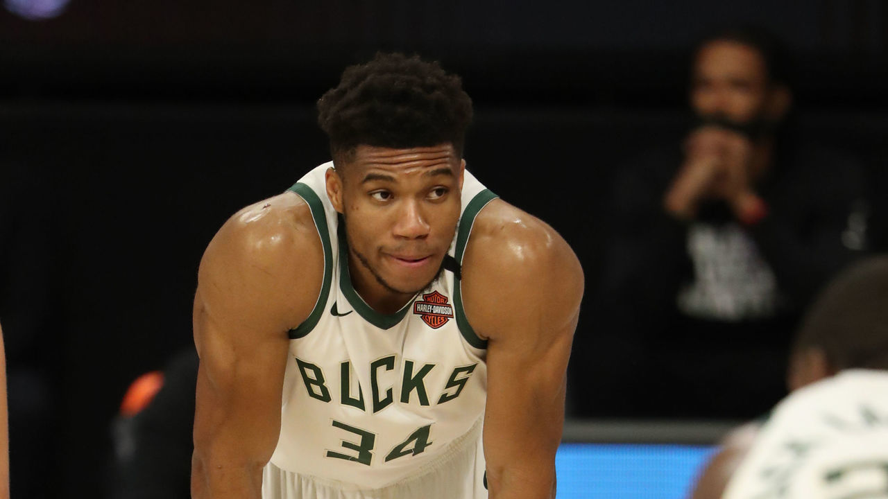 Orlando, FL - SEPTEMBER 4: Giannis Antetokounmpo #34 of the Milwaukee Bucks looks on during the game against the Miami Heat during Game Three of the Eastern Conference Semifinals on September 4, 2020 in Orlando, Florida at The Field House. NOTE TO USER: User expressly acknowledges and agrees that, by downloading and/or using this Photograph, user is consenting to the terms and conditions of the Getty Images License Agreement. Mandatory Copyright Notice: Copyright 2020 NBAE