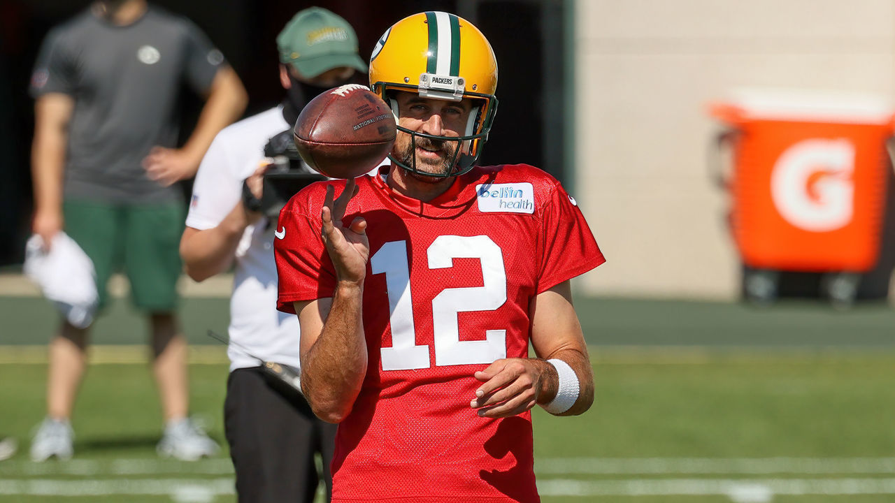 ASHWAUBENON, WISCONSIN - AUGUST 19: Aaron Rodgers #12 of the Green Bay Packers looks on during Green Bay Packers Training Camp at Ray Nitschke Field on August 19, 2020 in Ashwaubenon, Wisconsin.