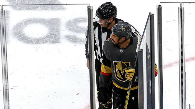 EDMONTON, ALBERTA - SEPTEMBER 04: Ryan Reaves #75 of the Vegas Golden Knights is escorted after hitting Tyler Motte (not pictured) of the Vancouver Canucks during the second period in Game Seven of the Western Conference Second Round during the 2020 NHL Stanley Cup Playoffs at Rogers Place on September 04, 2020 in Edmonton, Alberta, Canada.