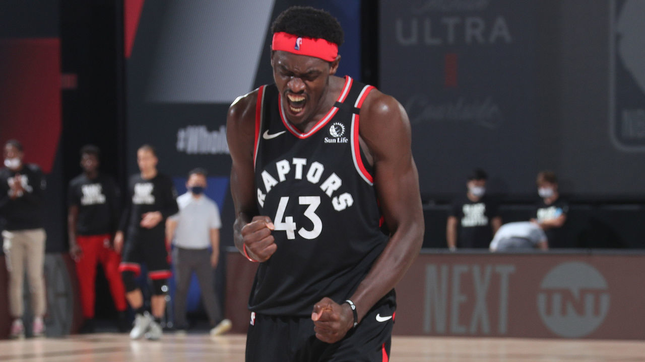 Orlando, FL - SEPTEMBER 5: Pascal Siakam #43 of the Toronto Raptors celebrates after the game against the Boston Celtics during Game Four of the Eastern Conference Semifinals on September 5, 2020 in Orlando, Florida at The Field House. NOTE TO USER: User expressly acknowledges and agrees that, by downloading and/or using this Photograph, user is consenting to the terms and conditions of the Getty Images License Agreement. Mandatory Copyright Notice: Copyright 2020 NBAE