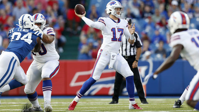 ORCHARD PARK, NY - AUGUST 08: Josh Allen #17 of the Buffalo Bills throws a pass during the first half of a preseason game against the Indianapolis Colts at New Era Field on August 8, 2019 in Orchard Park, New York. Buffalo defeats Indianapolis 24-16.