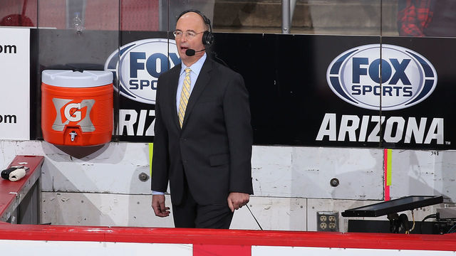GLENDALE, ARIZONA - JANUARY 16: Hockey analyst Pierre McGuire during the second period of the NHL game between the Arizona Coyotes and the San Jose Sharks at Gila River Arena on January 16, 2019 in Glendale, Arizona.