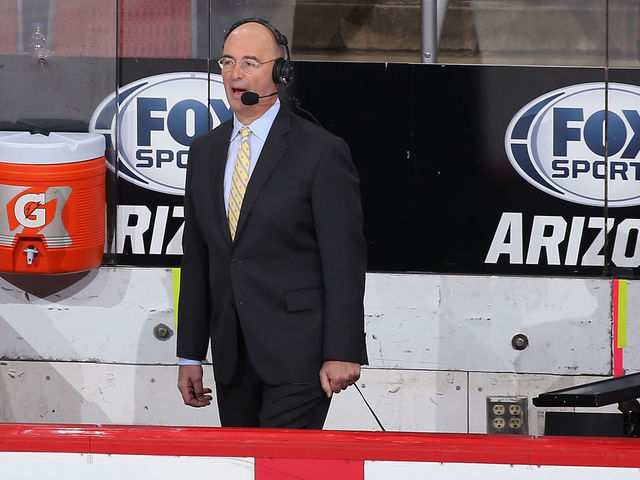 GLENDALE, ARIZONA - JANUARY 16: Hockey analyst Pierre McGuire during the second period of the NHL game between the Arizona Coyotes and the San Jose Sharks at Gila River Arena on January 16, 2019 in Glendale, Arizona.