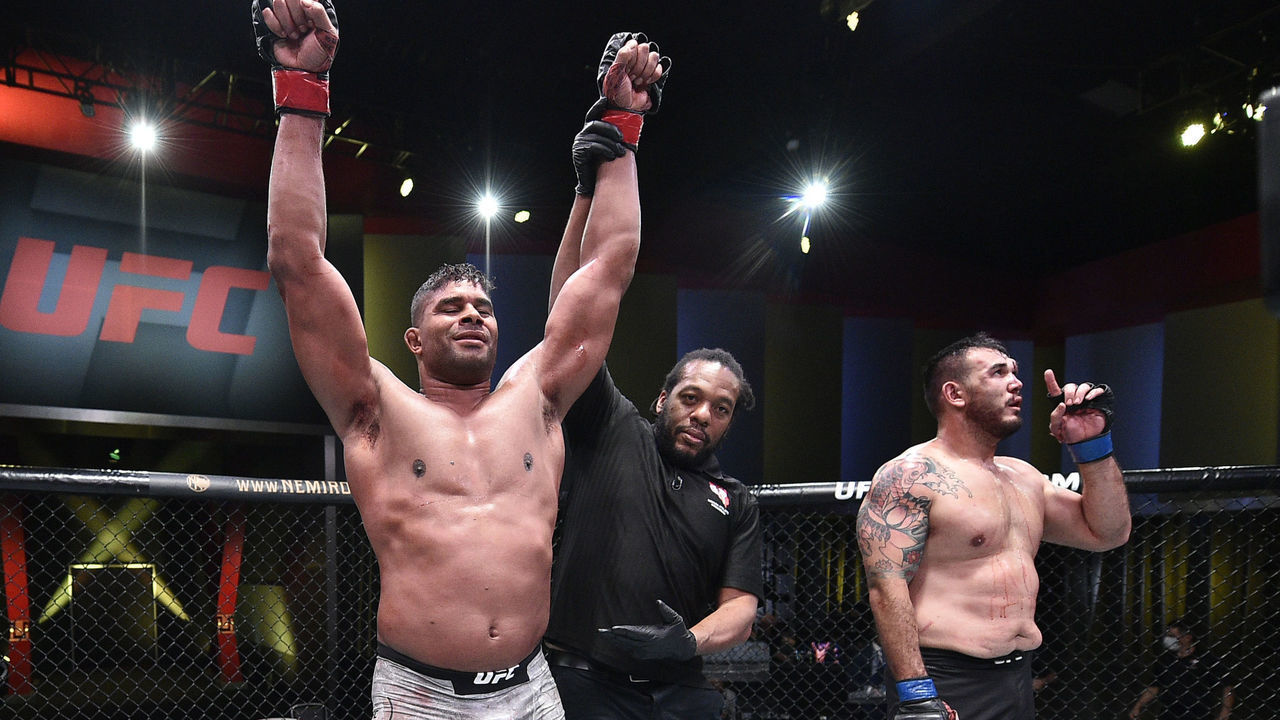 LAS VEGAS, NEVADA - SEPTEMBER 05: Alistair Overeem of the Netherlands reacts after his TKO victory over Augusto Sakai of Brazil in a heavyweight fight during the UFC Fight Night event at UFC APEX on September 05, 2020 in Las Vegas, Nevada.