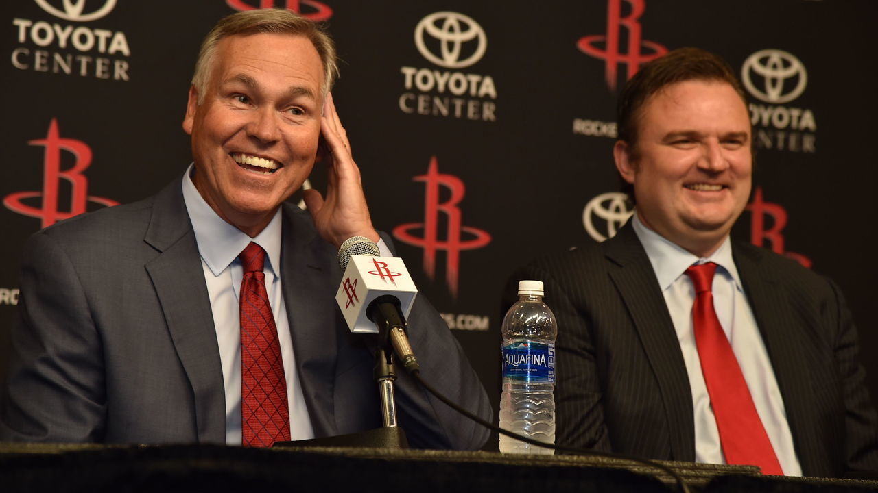 HOUSTON, TX - June 1: Houston Rockets GM Daryl Morey and Mike D'Antoni are interviewed as the Rockets announce D'Antoni as their new head coach on June 1, 2016 at Toyota Center in Houston, Texas. Mandatory Copyright Notice: Copyright 2016 NBAE