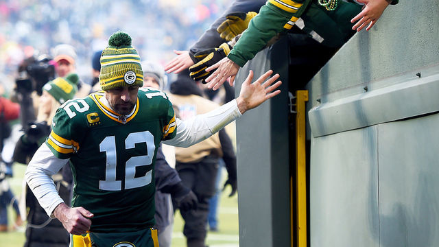 GREEN BAY, WISCONSIN - DECEMBER 15: Quarterback Aaron Rodgers #12 of the Green Bay Packers walks off the field after the 21-13 win over the Chicago Bears at Lambeau Field on December 15, 2019 in Green Bay, Wisconsin.